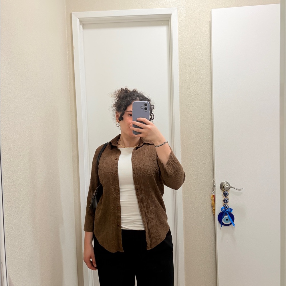 Brown Button-Up Shirt Jacket with White Tank